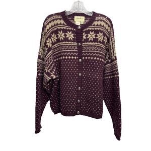 Vtg Eddie Bauer Wool Nordic Snowflake Fair Isle Cardigan Sweater USA Womens XL